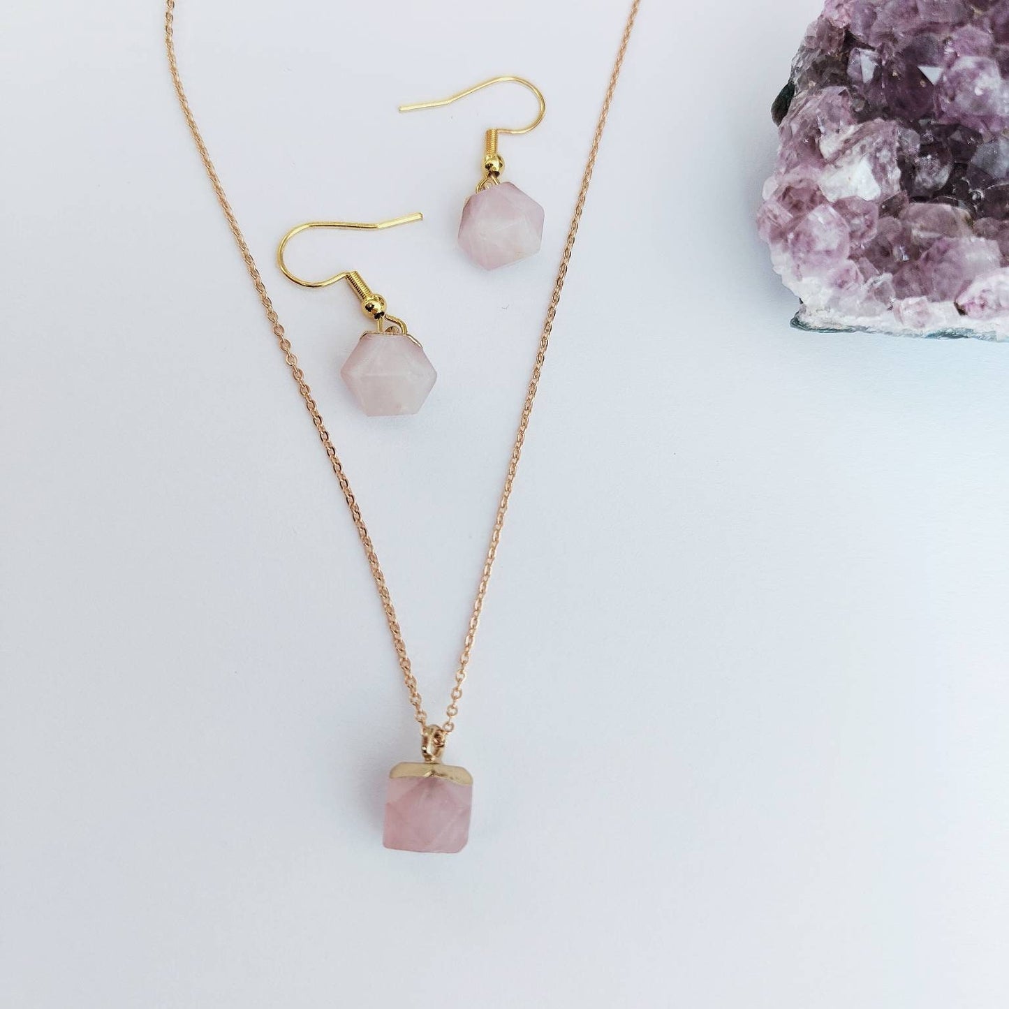 Electroplated Natural Rose Quartz Necklace & Drop Earrings Matching Set