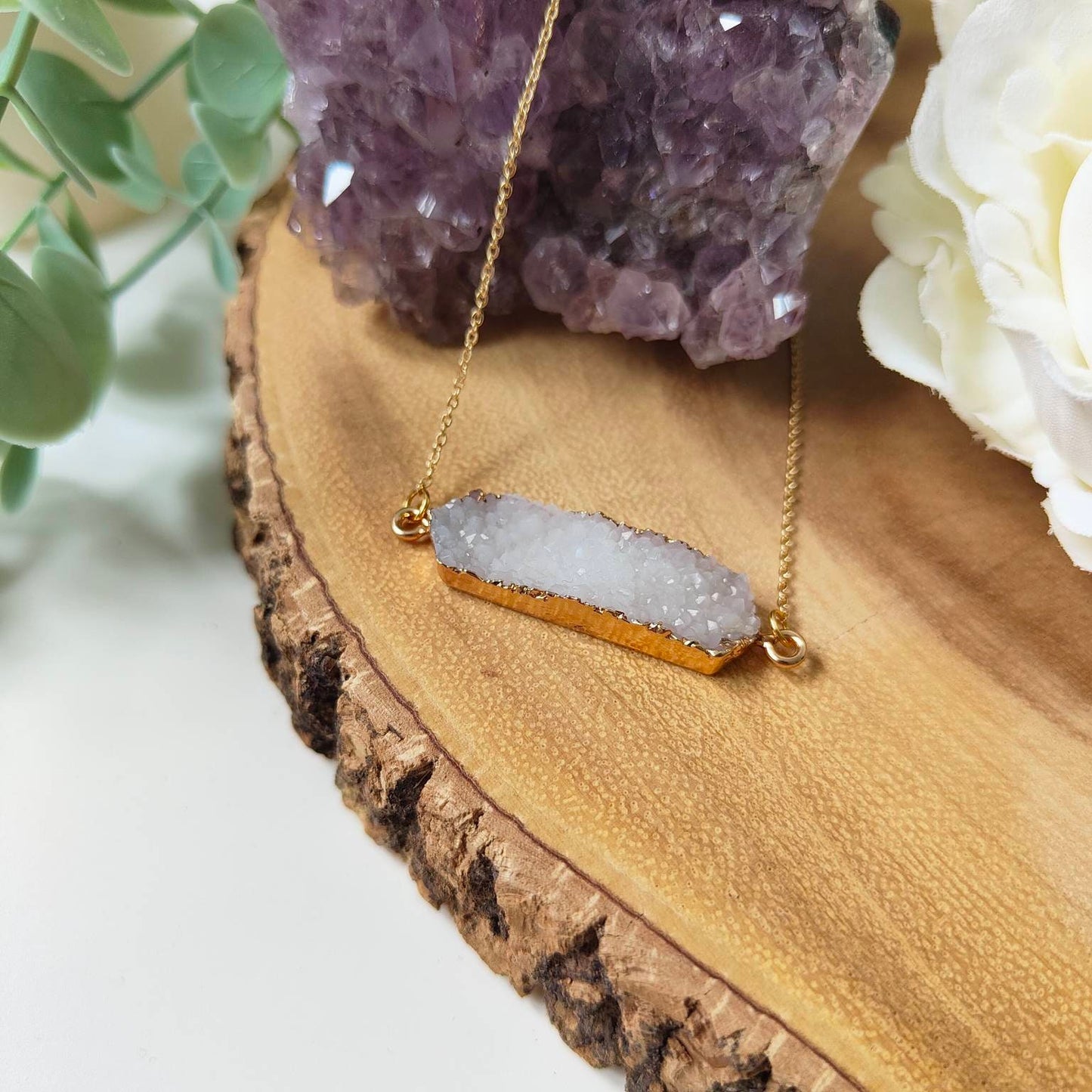 Resin Druzy Bar Pendant Gold Edged Necklace