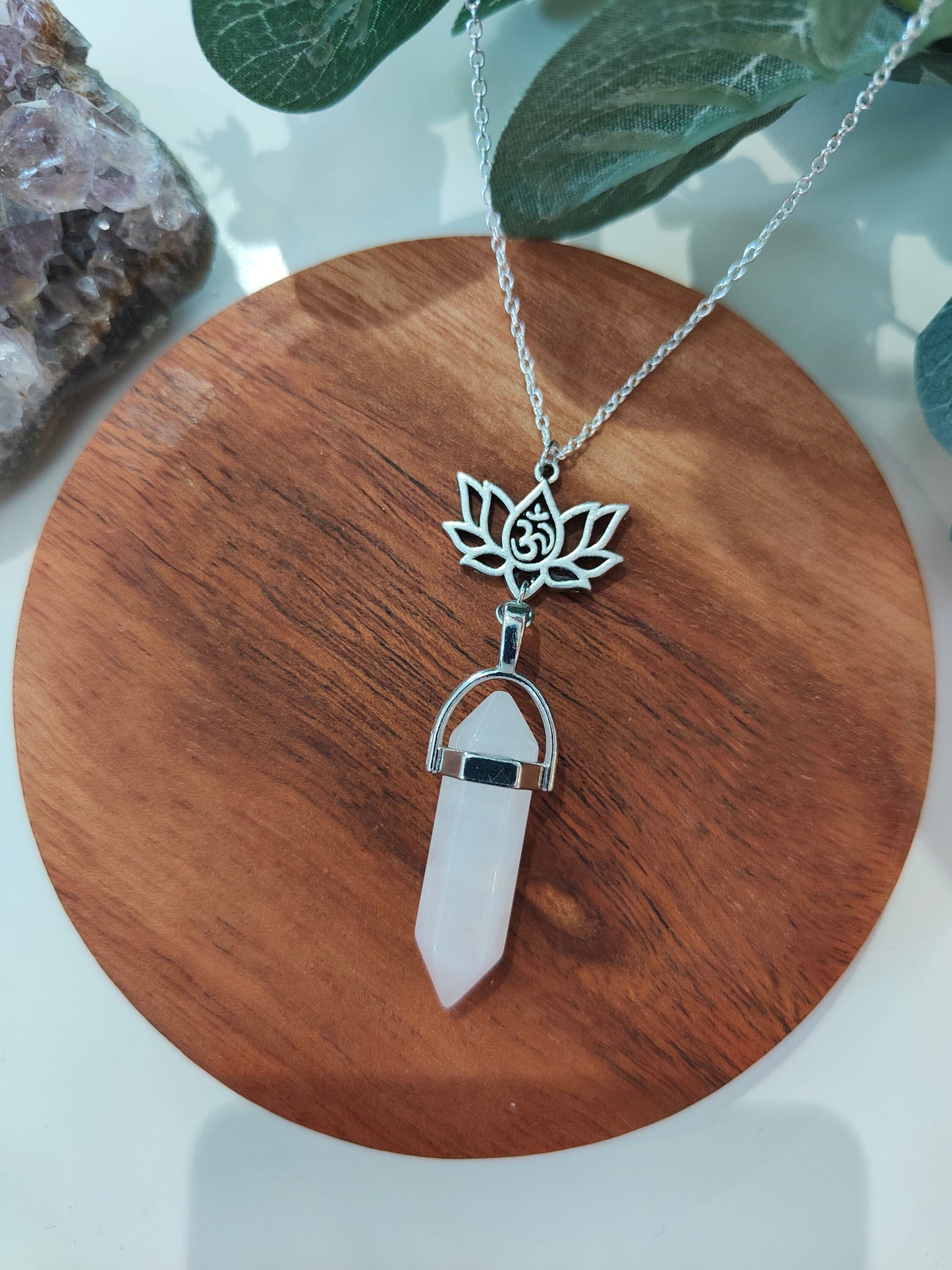 Rose Quartz Crystal Point Pendant and Lotus Charm Necklace