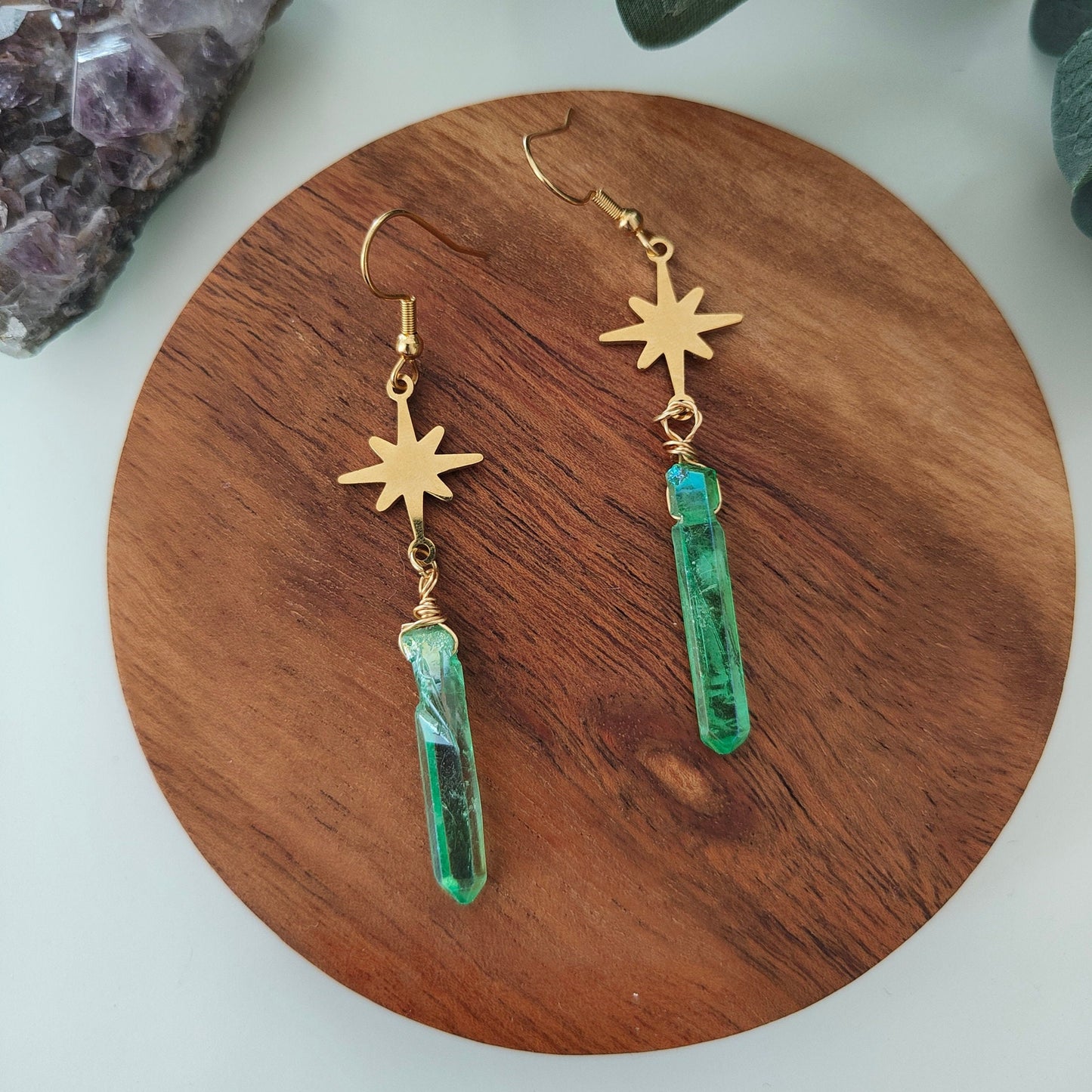 Natural Green Quartz Starry Night Dangle Earrings