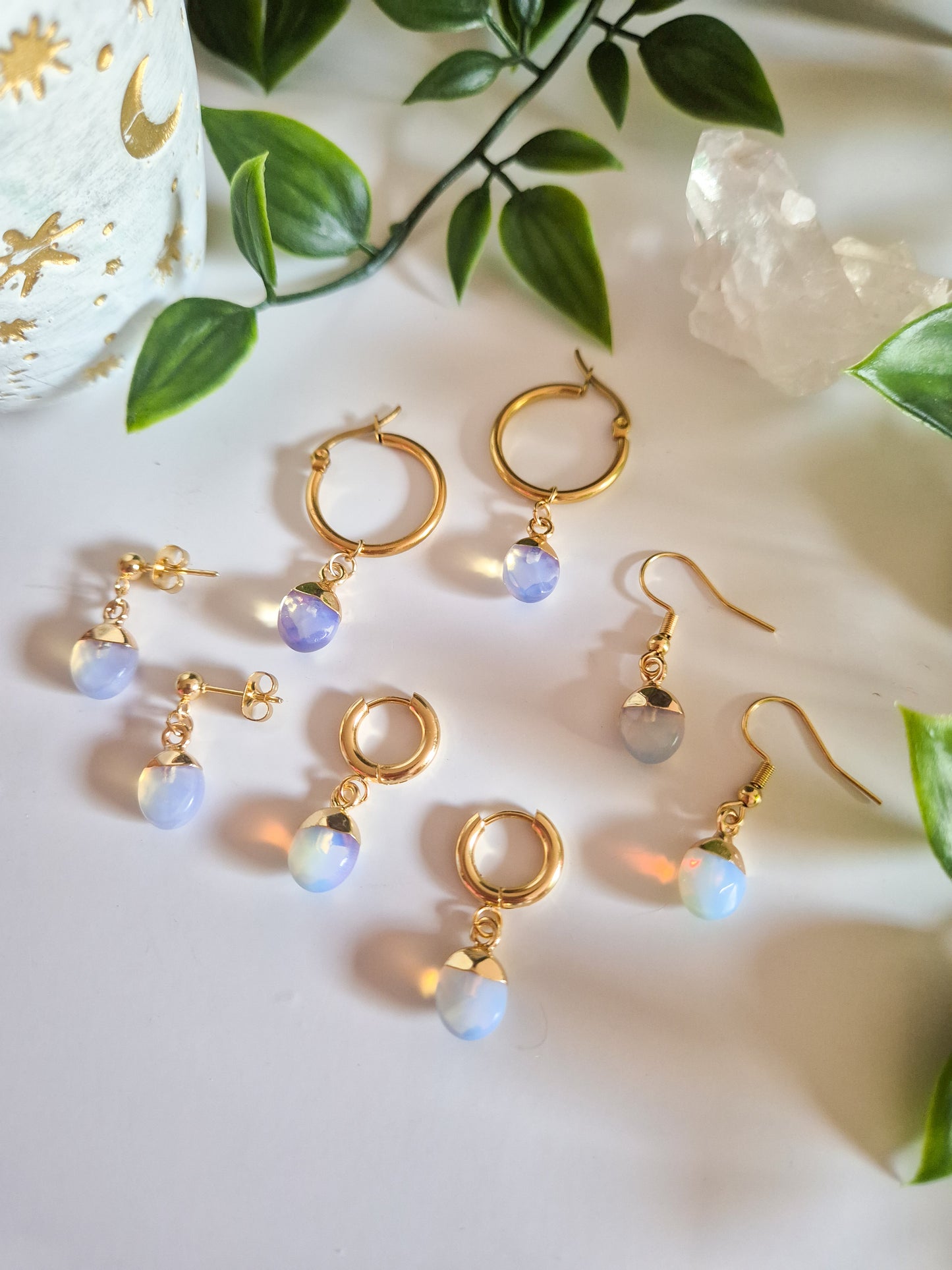 Opalite Huggie Hoop Droplet Earrings: 18k Gold Plated Stainless Steel