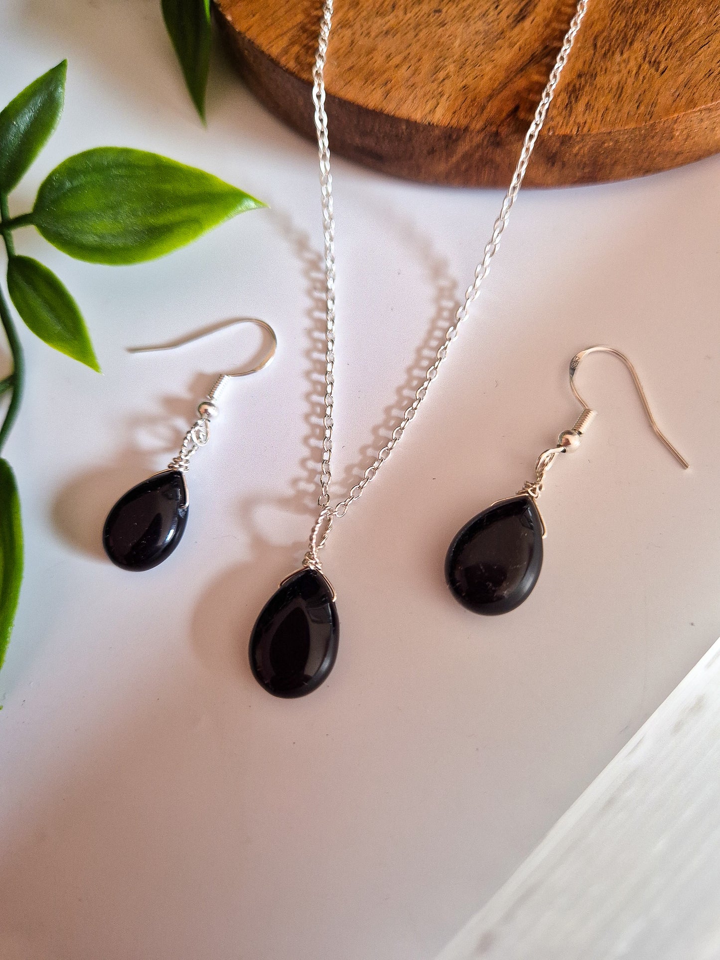 Dainty Black Obsidian Teardrop Matching Jewellery Set