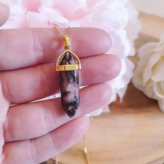 Rhodonite Crystal 18k Gold Plated Necklace