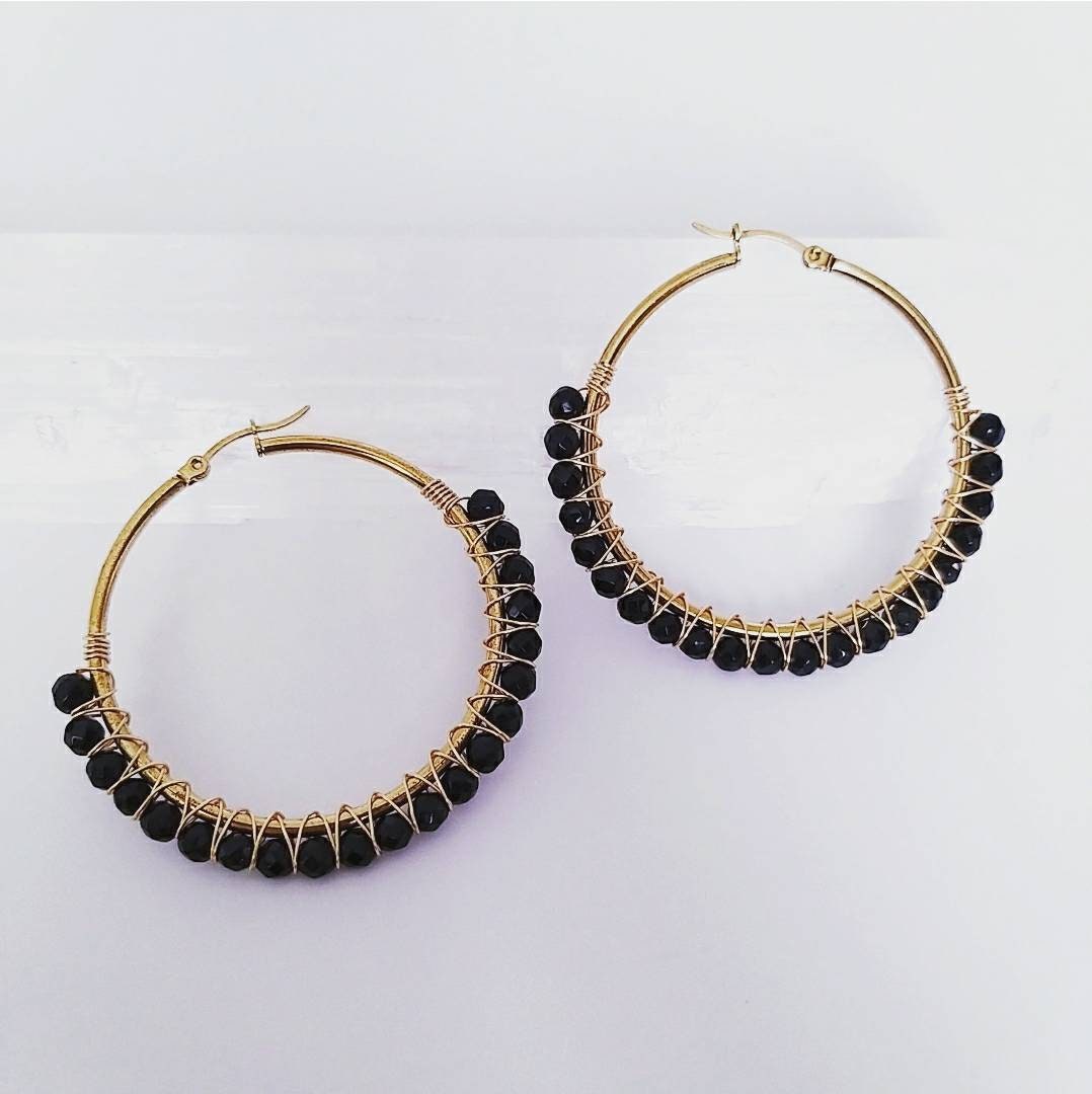 Black Agate Beaded Hoop Earrings