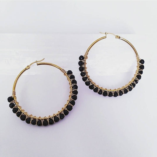 Black Agate Beaded Hoop Earrings