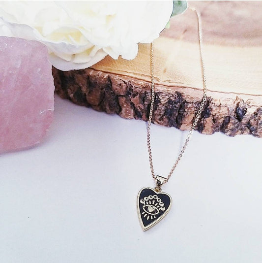 Enamel Black Heart and Eye Necklace