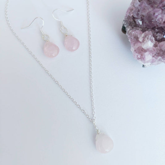 Rose Quartz Teardrop Necklace and Drop Earrings Matching Set