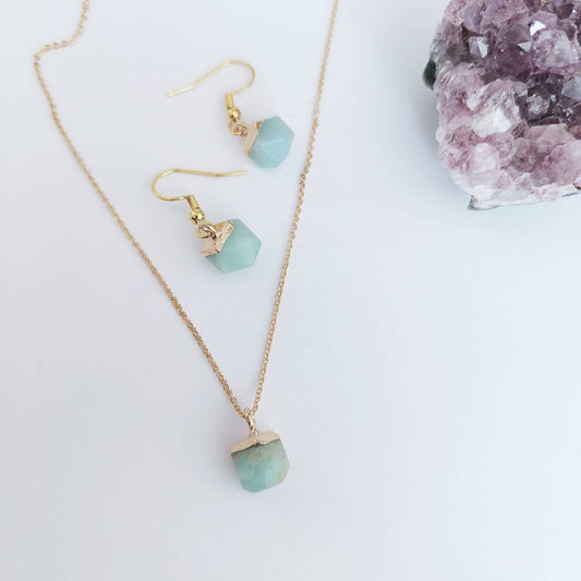 Electroplated Natural Amazonite Necklace and Drop Earrings Matching Set