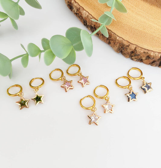 Golden Brass Huggie Hoop Star Earrings