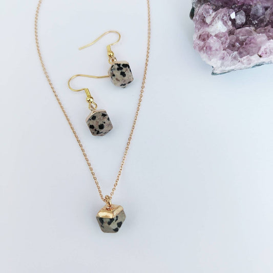 Electroplated Dalmatian Jasper Necklace and Drop Earrings Matching Set