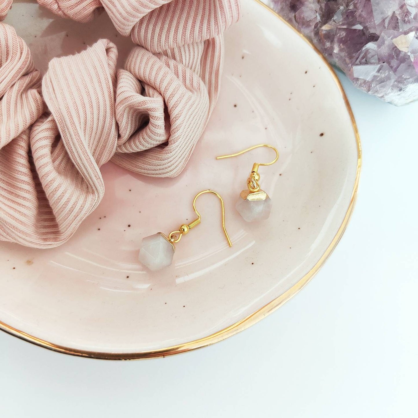 Electroplated Natural Rose Quartz Drop Earrings