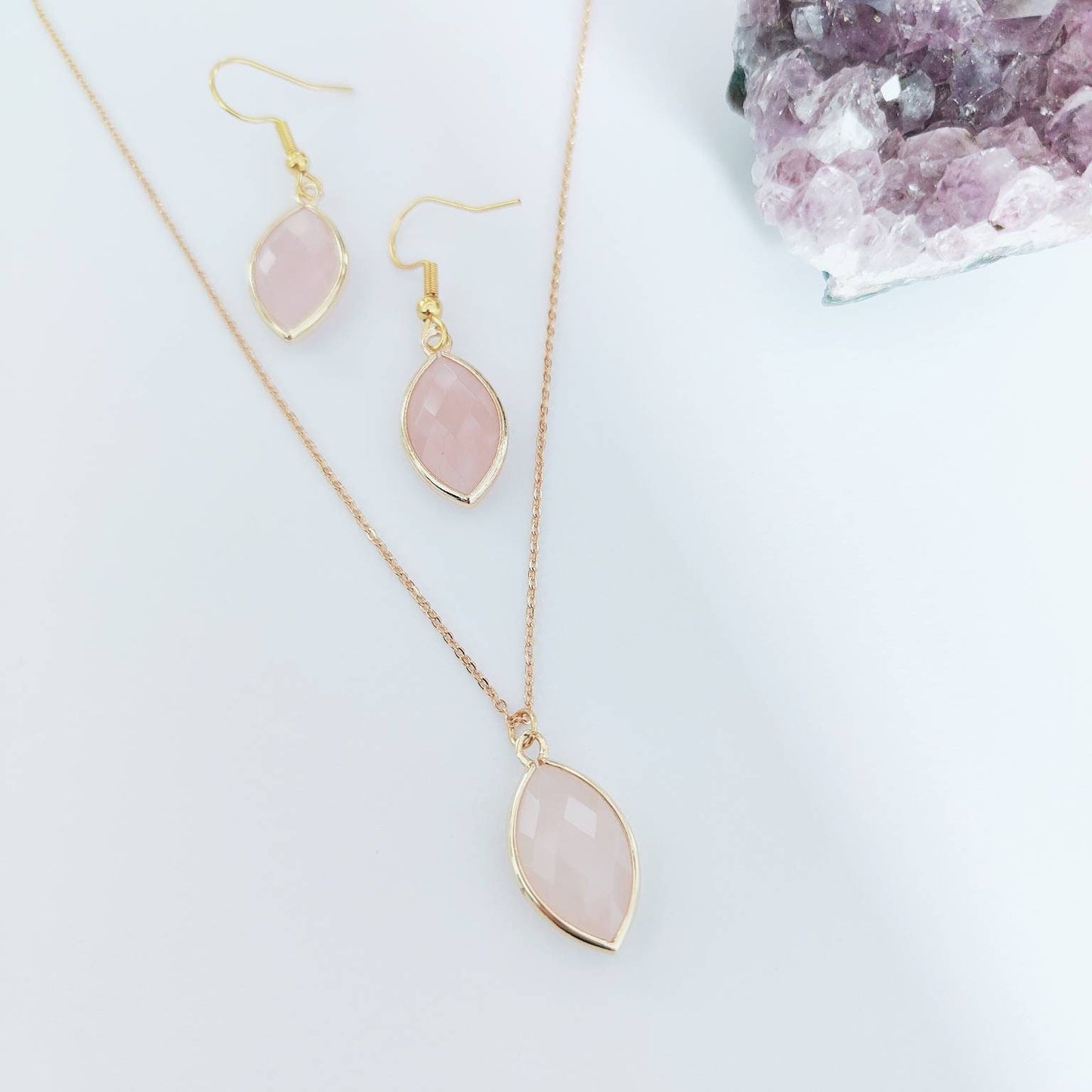 Oval Natural Rose Quartz Necklace & Dangle Earrings Matching Set