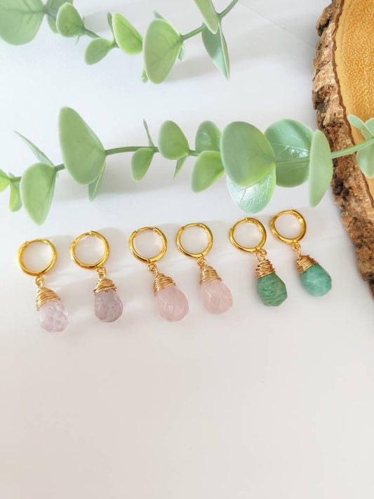 Huggie Hoop Teardrop Earrings With Wire Wrapped Natural Gemstone Crystal Pendants