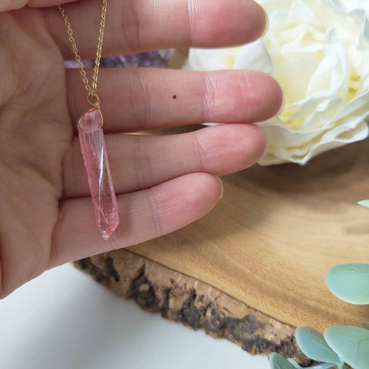 Electroplated Pink Natural Quartz Crystal Necklace