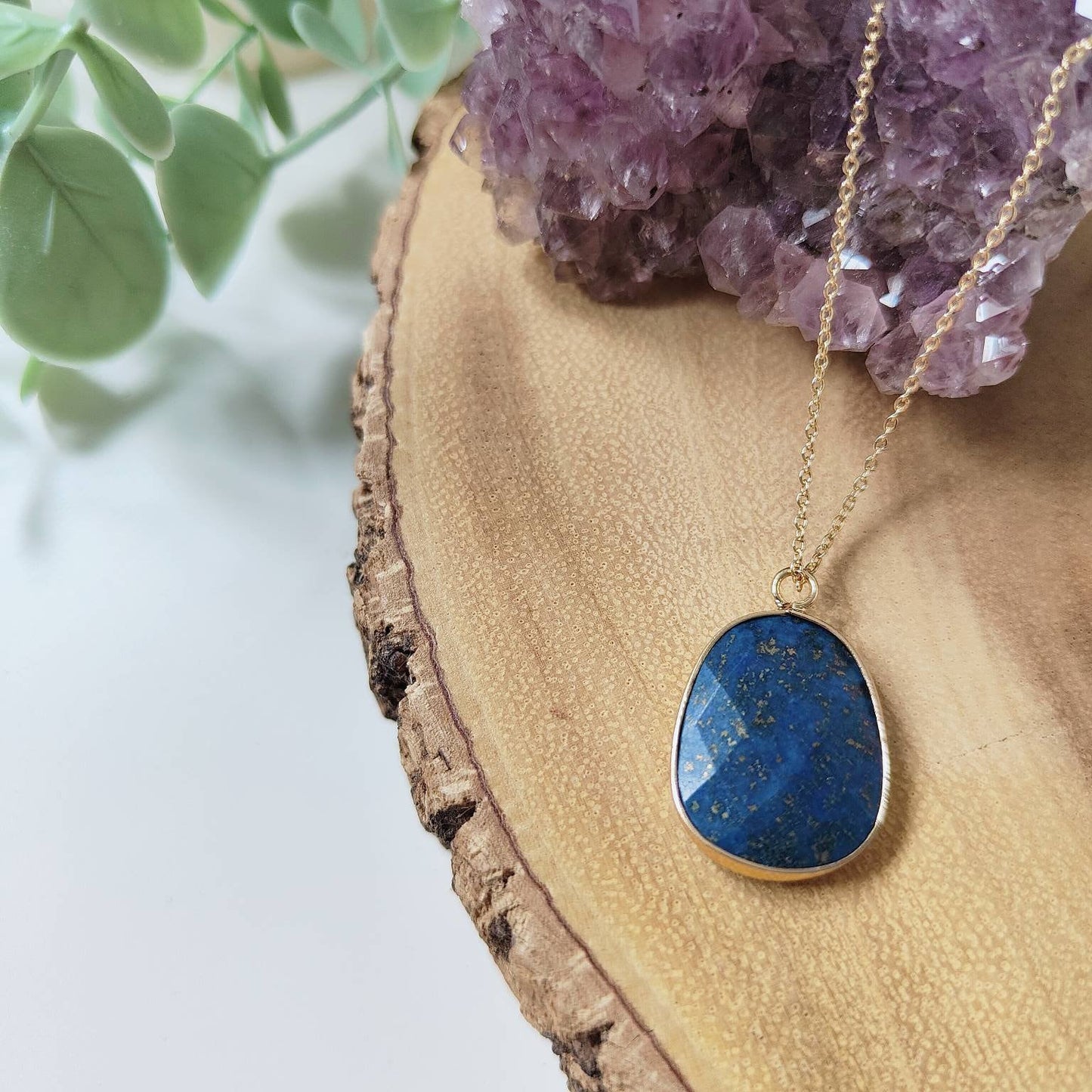 Natural Lapis Lazuli Faceted Oval Pendant Necklace
