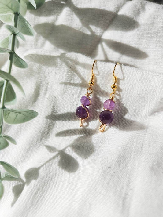 Natural Amethyst Beaded Dangle Gold Wire Wrapped Earrings