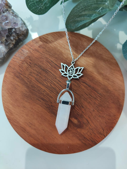 Rose Quartz Crystal Point Pendant and Lotus Charm Necklace