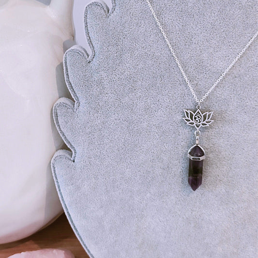 Natural Amethyst Crystal Point Pendant and Lotus Charm Necklace