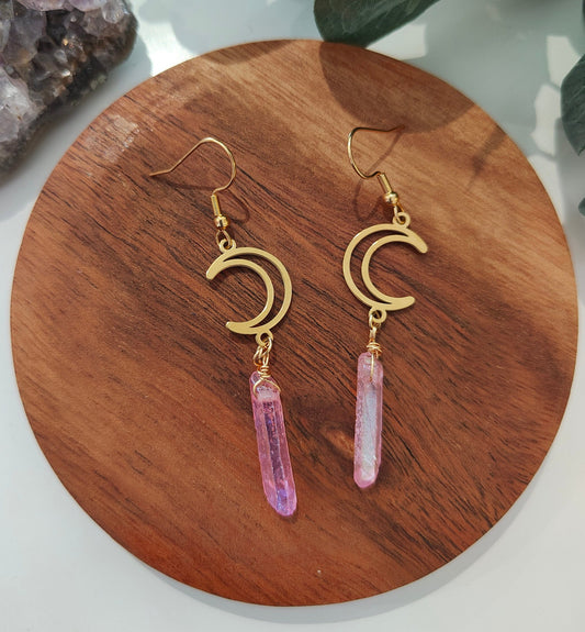 Electroplated Pink Quartz & Crescent Moon Dangle Earrings