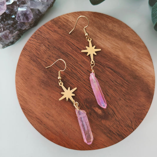 Electroplated Pink Quartz & Star Dangle Earrings