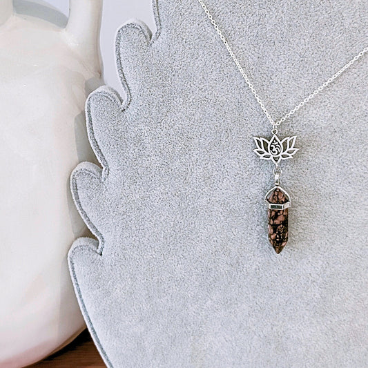 Rhodonite Crystal Point Pendant and Lotus Charm Necklace