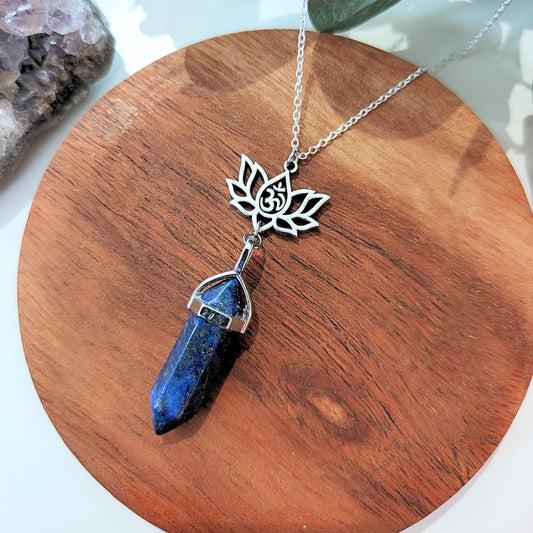 Lapis Lazuli  Crystal Point Pendant and Lotus Charm Necklace