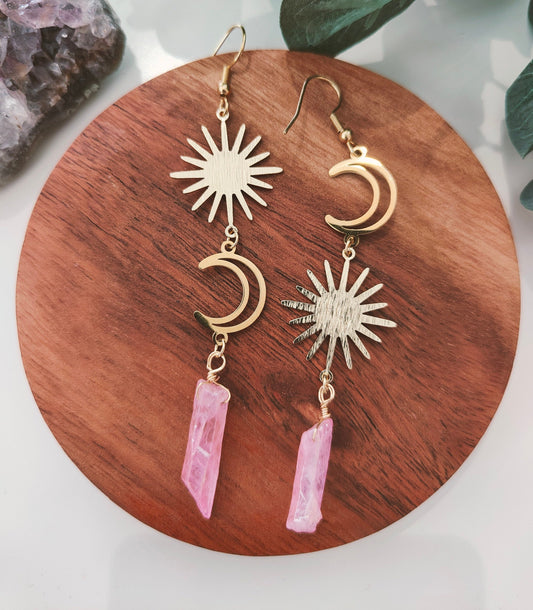 Goddess Asymmetric Pink Quartz Dangle Earrings with Sun Moon Charm