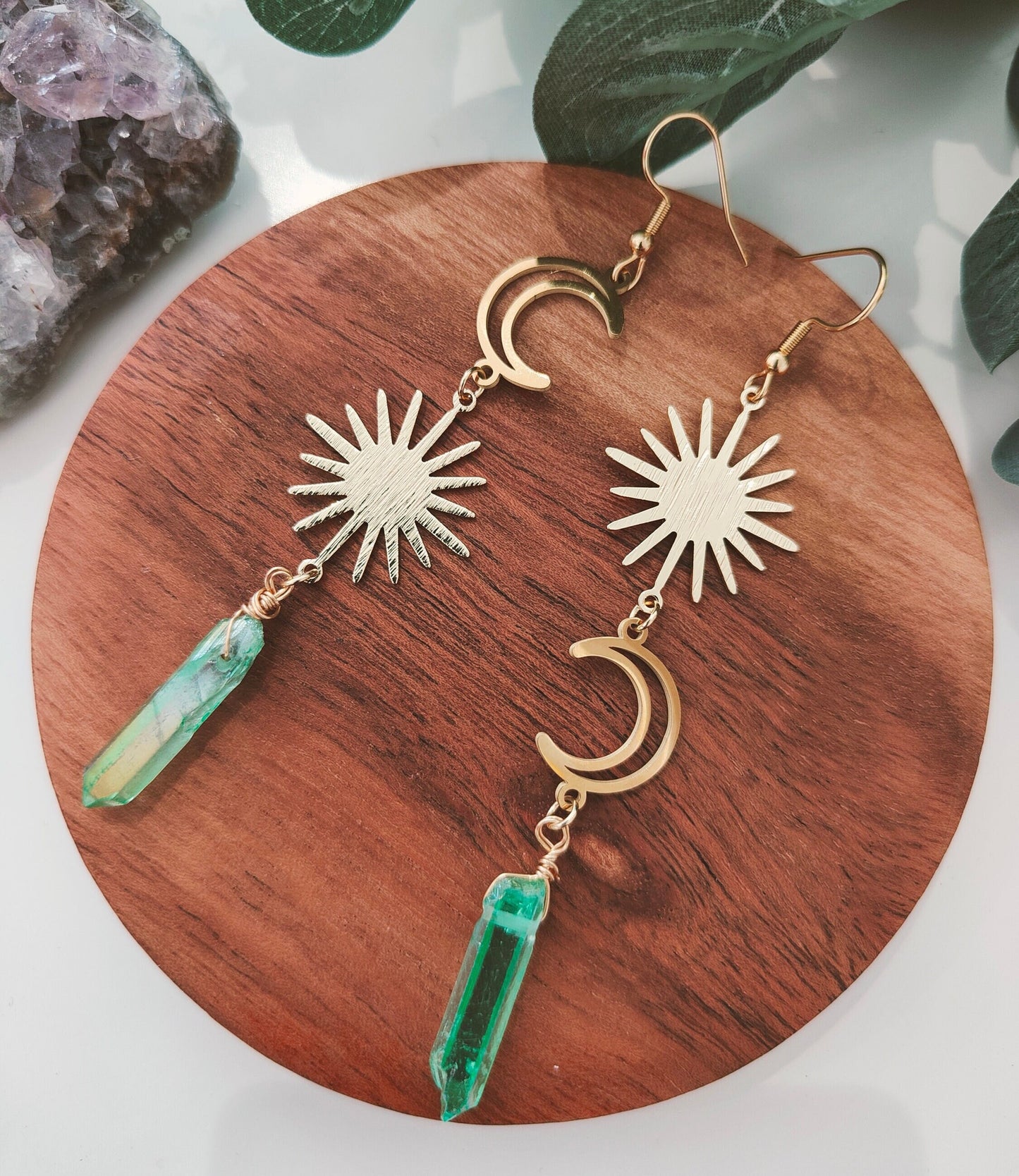 Goddess Asymmetric Green Quartz Dangle Earrings with Sun Moon Charm