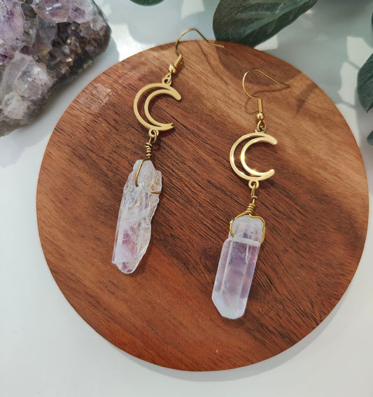 Natural Electroplated Quartz & Crescent Moon Dangle Earrings
