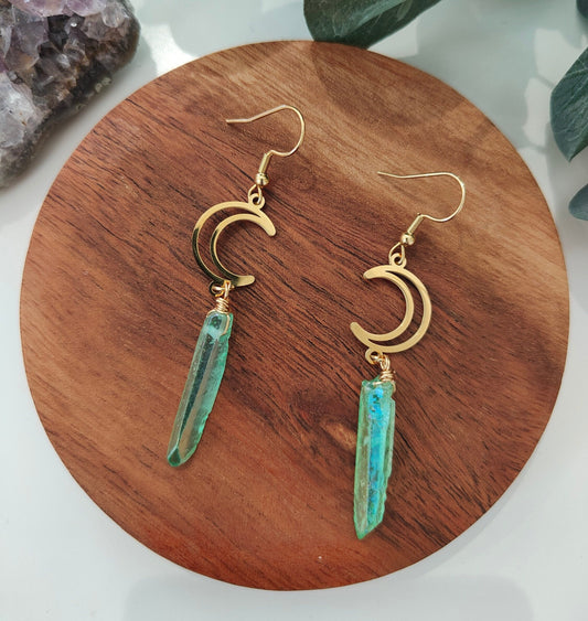 Natural Green Quartz Crescent Moon Dangle Earrings
