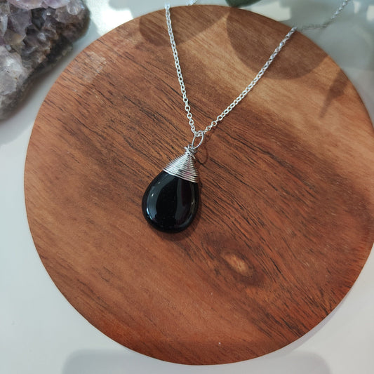 Wire Wrapped Silver Natural Obsidian Necklace
