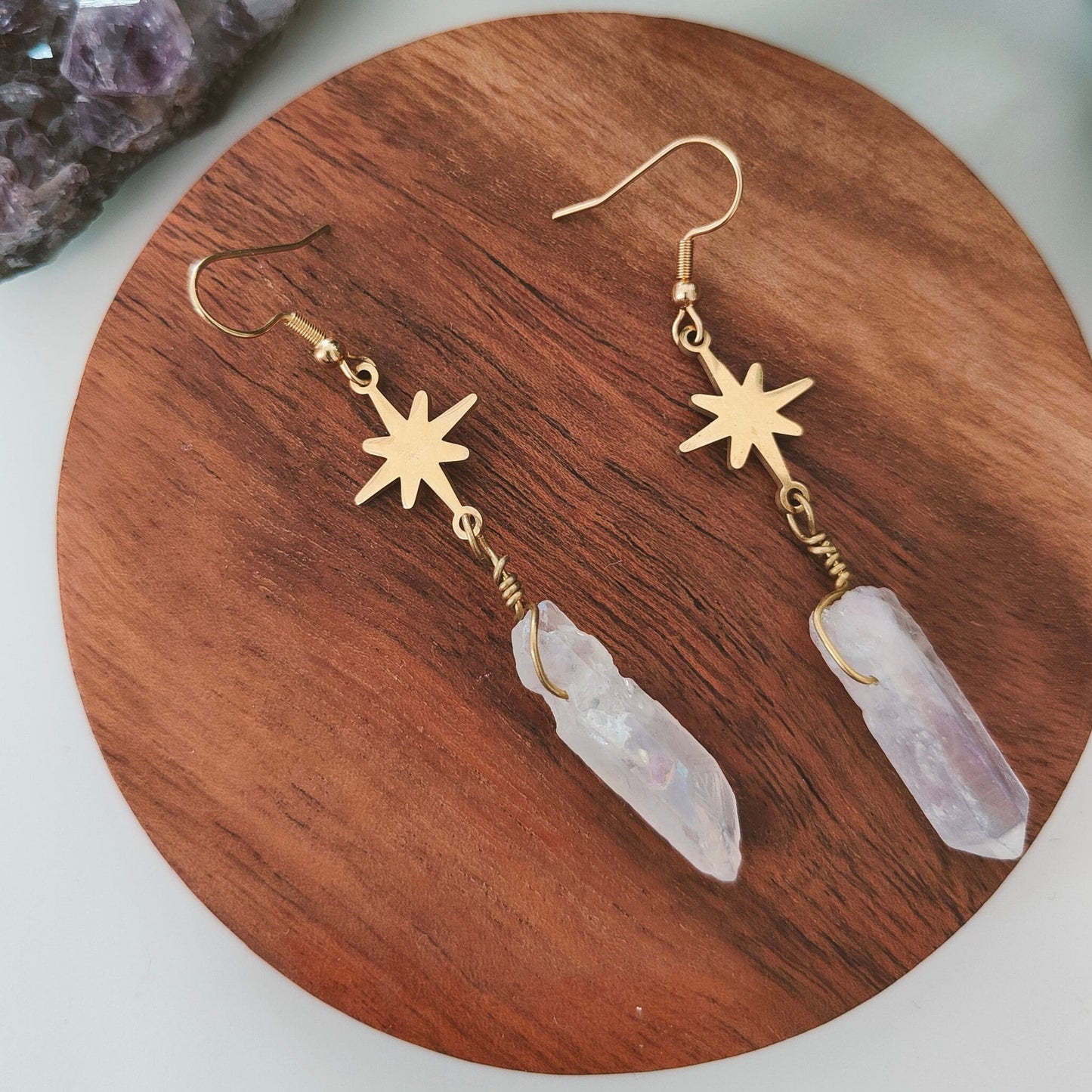 Natural Electroplated Quartz Crystal & Star Dangle Earrings