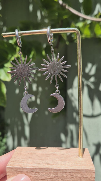 Stainless Steel Silver Sun & Moon Drop Earrings