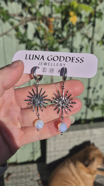 Silver Sun Huggie Hoops with Opalite