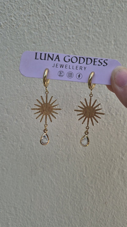 Sun & Crystal Teardrop Celestial Huggie Hoop Earrings