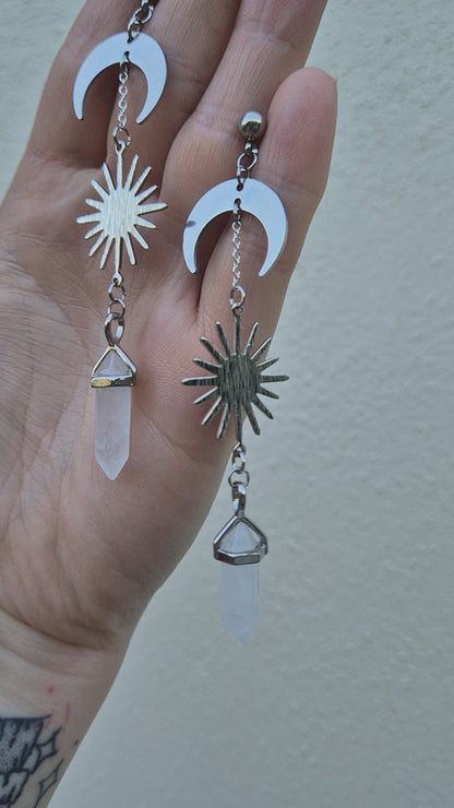 Celestial Sun Moon and Clear Quartz Stud Earrings