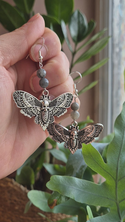 Death Moth Earrings with Labradorite & Sterling Silver Hooks