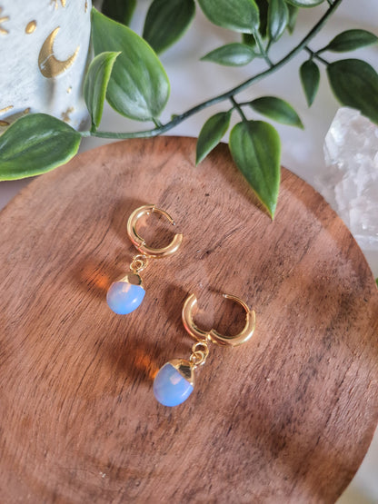 Opalite Huggie Hoop Droplet Earrings: 18k Gold Plated Stainless Steel