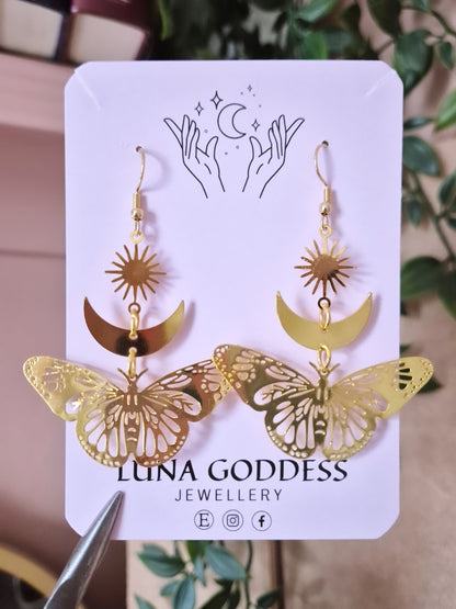 Gold Sun, Moon and Butterfly Earrings