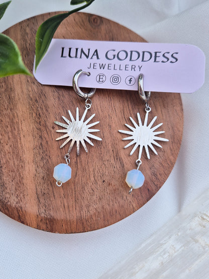 Silver Sun Huggie Hoops with Opalite