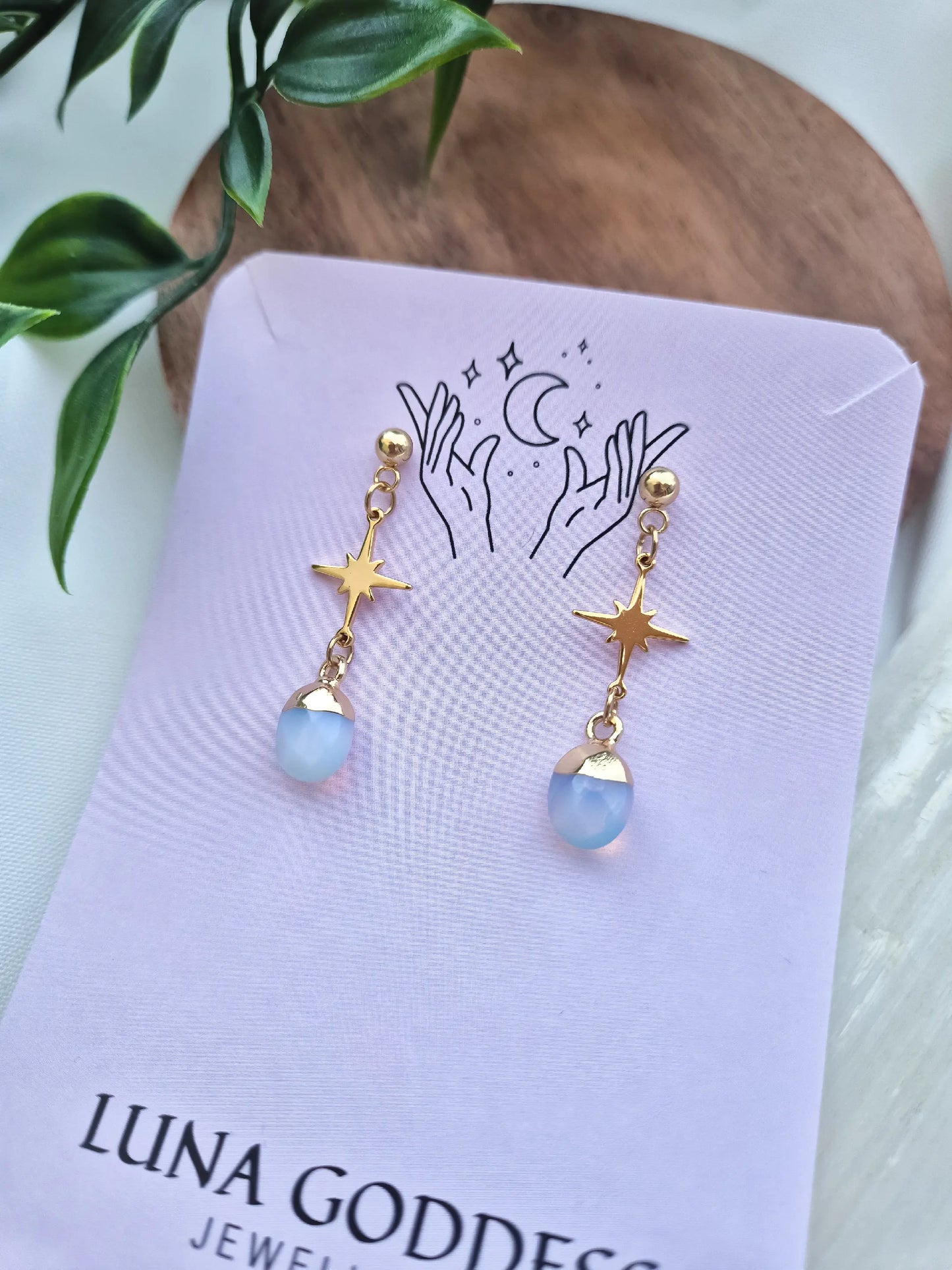 Gold Star Stud Earrings with Opalite