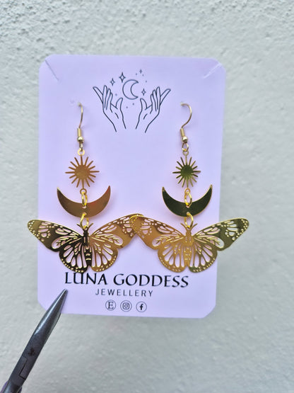 Gold Sun, Moon and Butterfly Earrings