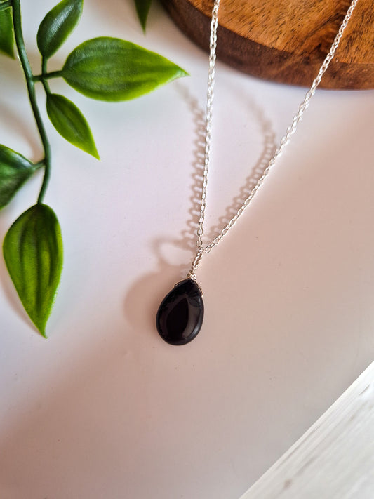 Dainty Black Obsidian Teardrop Necklace