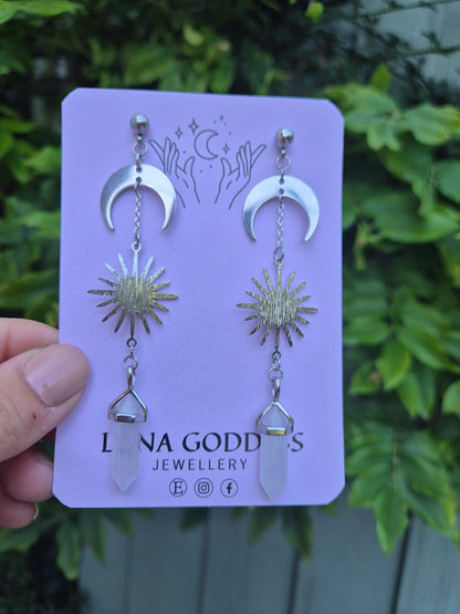 Celestial Sun Moon and Clear Quartz Stud Earrings