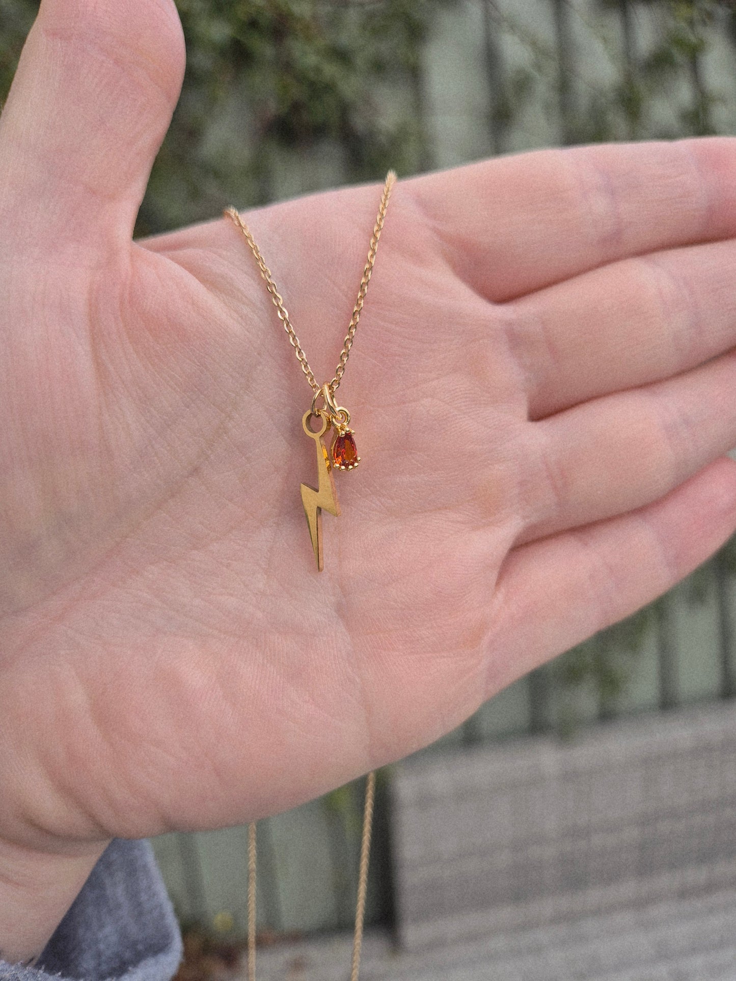 Gold Lightning Bolt & Orange Cubic Zirconia Charm Necklace