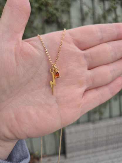 Gold Lightning Bolt & Orange Cubic Zirconia Charm Necklace