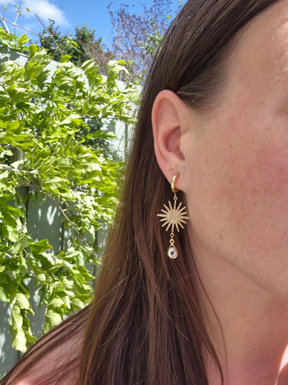 Sun & Crystal Teardrop Celestial Huggie Hoop Earrings