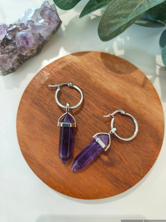 Crystal Point Stainless Steel Amethyst Hoop Earrings