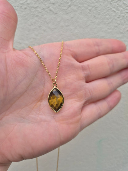 Natural Tiger's Eye Oval Necklace - 18k Gold Plated Chain