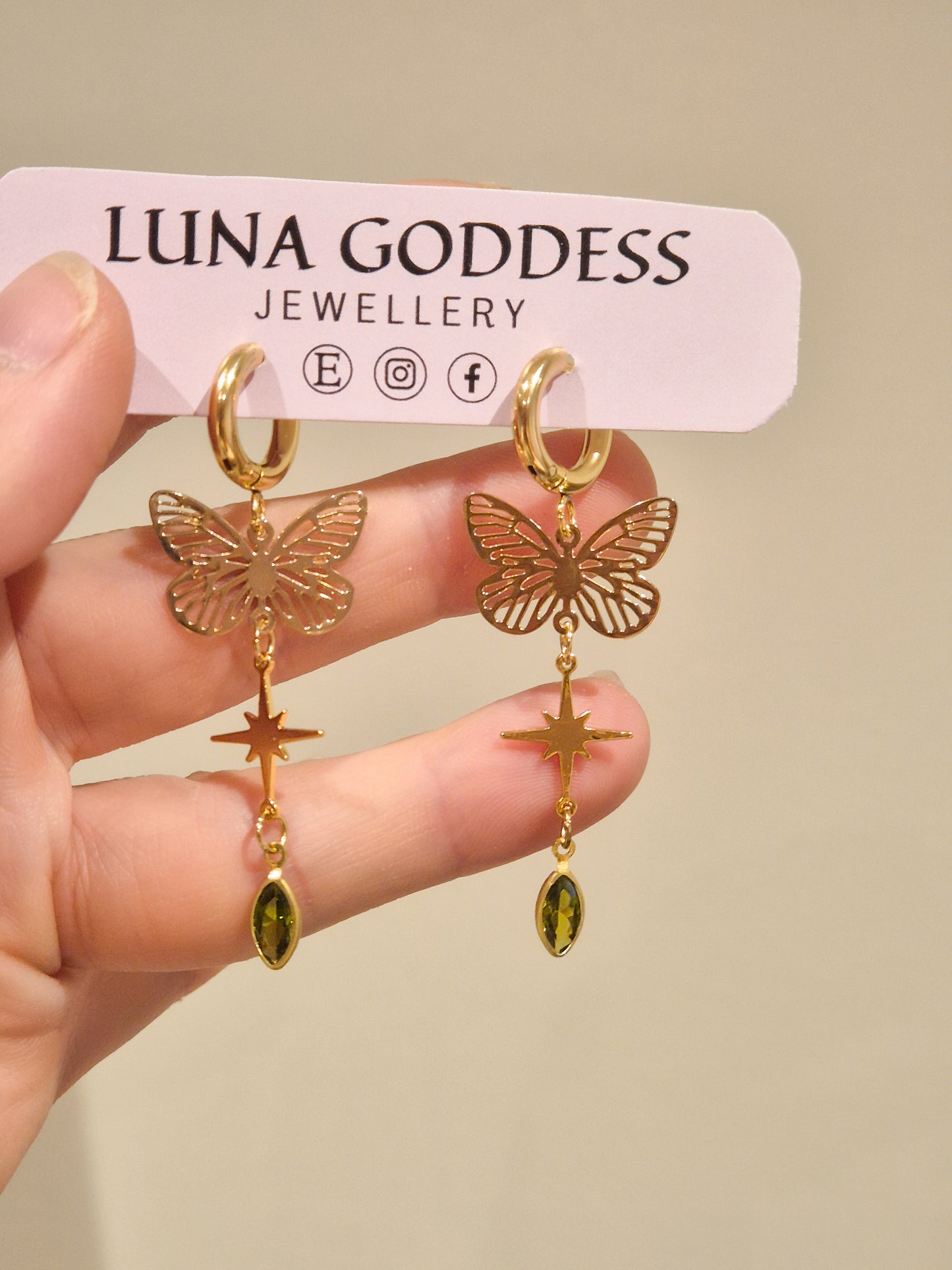 Green Butterfly Gem Huggie Earrings